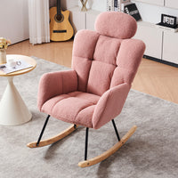 055 Teddy Fabric Upholstered Nursery Rocking Glider Chair Mid Century Modern Accent Arm Chair Padded Seat With High Backrest And Pillows For Living Room Bedroom Offices Pink Teddy Headrest Solid