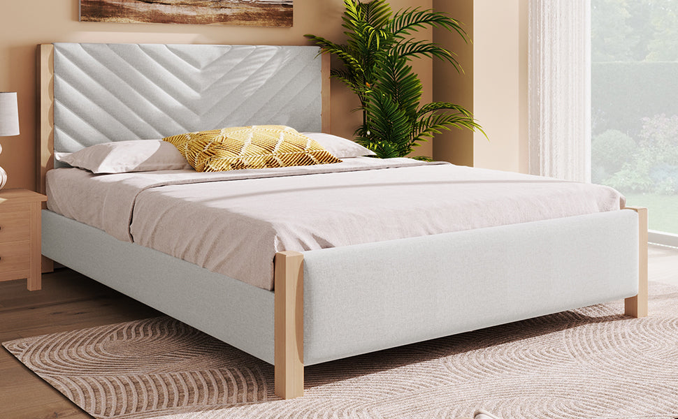 Modern Mid Century Queen Upholstered Platform Bed Frame With Tufted Headboard And Solid Wood Legs,No Box Spring Needed,Beige Box Spring Not Required Queen Beige Wood Bedroom Mid Century Modern,Modern Bed Frame Linen Wood