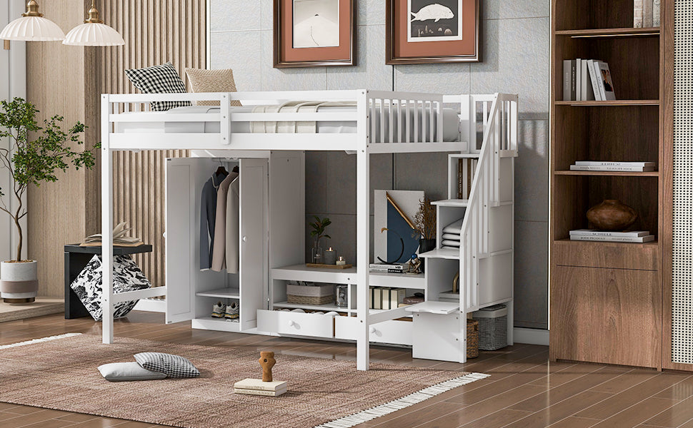 Full Size Loft Bed Frame With Wardrobe,Low Storage Table And Storage Staircase,White Gray Expected Arrival Time:10.20 White Solid Wood Mdf