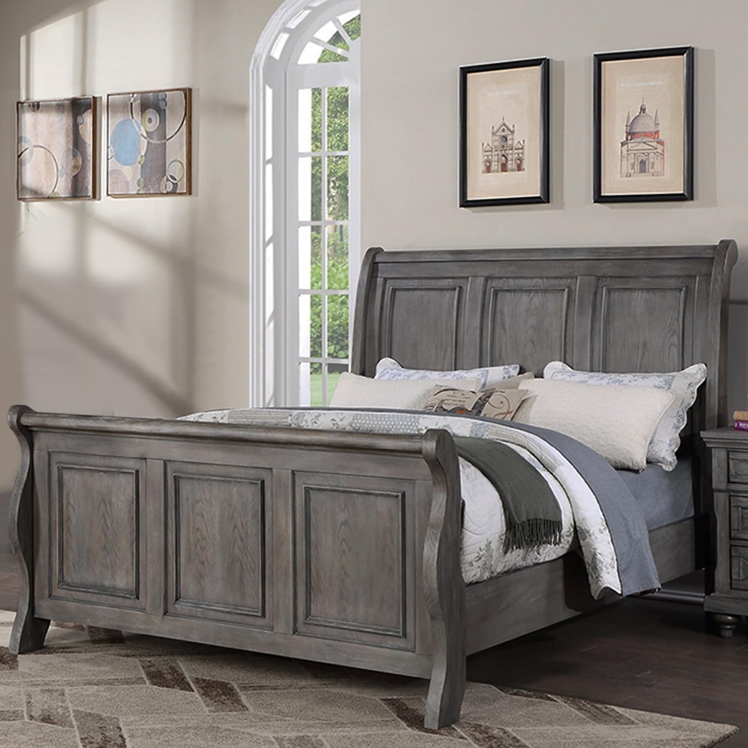 Grey Finish Sleigh Design Headboard Fb 1Pc Queen Size Panel Bed Beautiful Wooden Bedroom Furniture Antique Gray Oak Finish Box Spring Required Queen Antique Gray,Gray Wood Bedroom