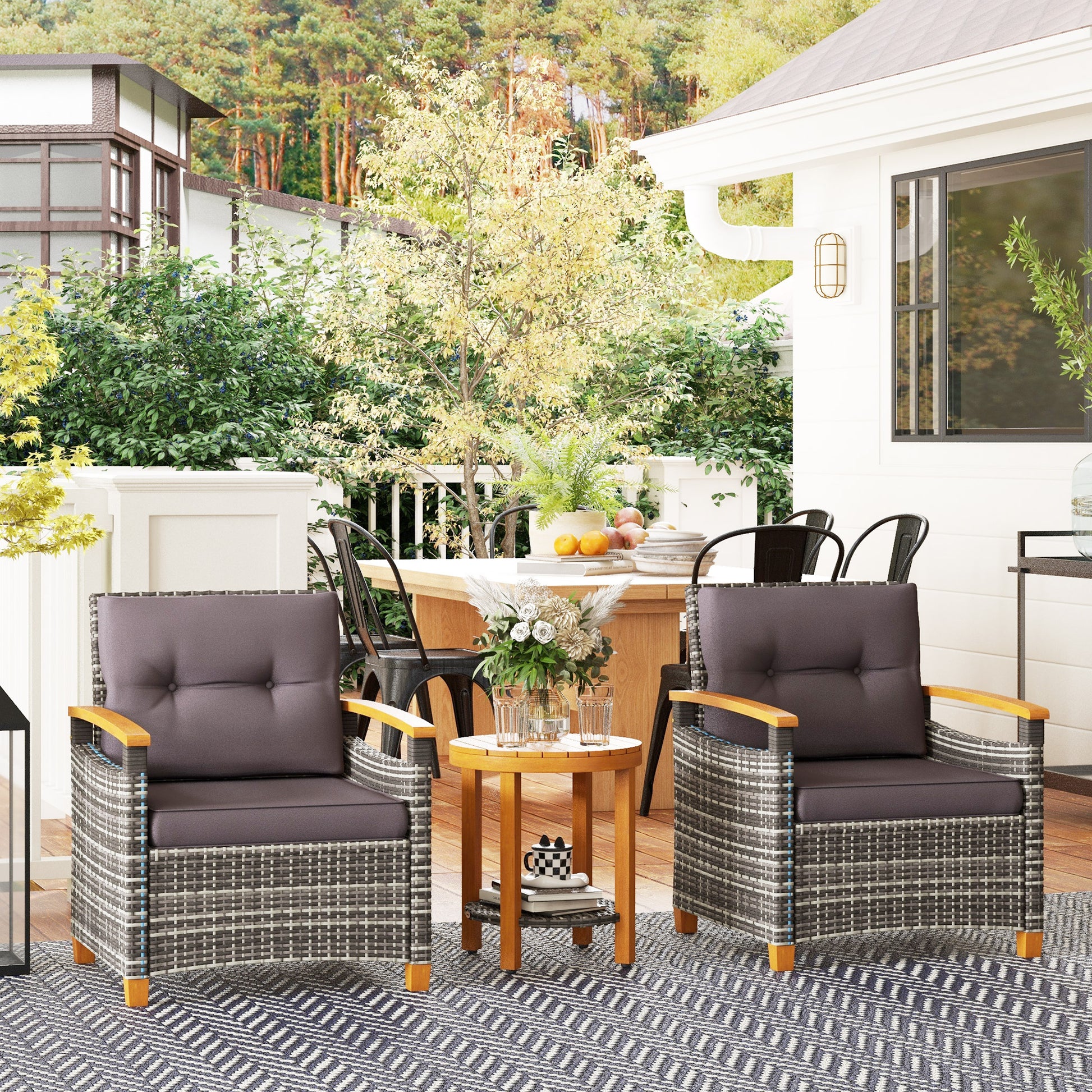 Outsunny 3 Pieces Patio Bistro Set Wooden With Cushions, Pe Wicker Patio Furniture Outdoor For Porch, Backyard, Garden, Gray Gray Rattan Metal