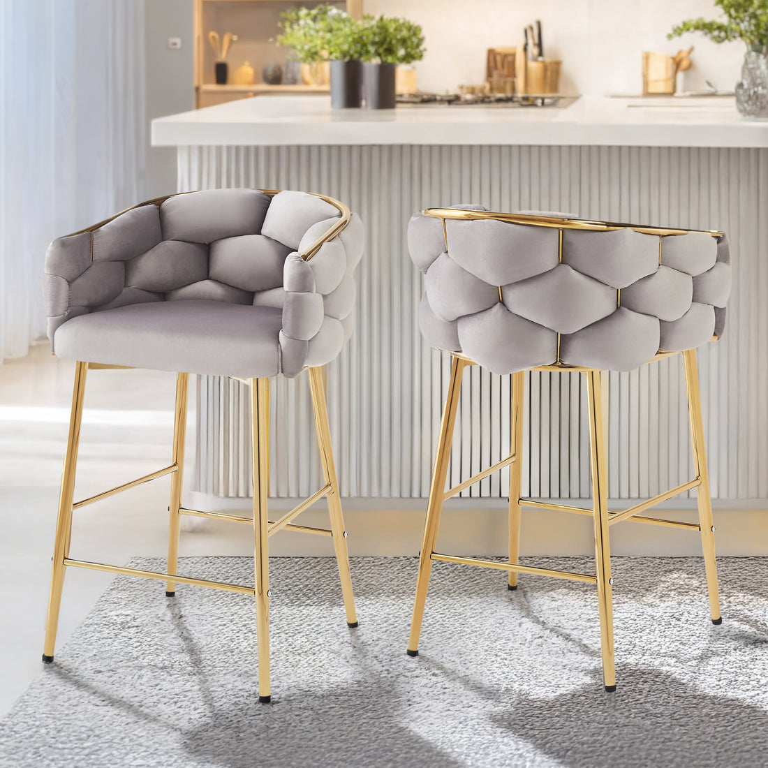 28'' Modern Counter Stools Set Of 2,Gray Counter Stools With Iron Frame,Soft Back And Cushion,Footrest,Suitable For Kitchen Bedroom Dining Room. Iron Grey Kitchen Sponge Modern Set Of 2 Fiber Foam