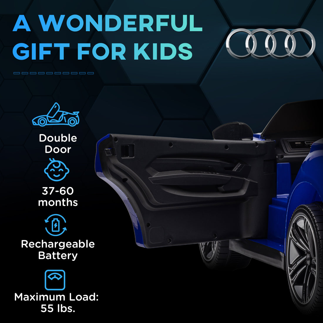 Aosom Kids Ride On Car, 12V Licensed Audi Rs E Tron Gt 3.1 Mph Electric Car For Kids, Ride On Toy For Boys And Girls With Remote Control, 4 Wheels With Suspension, Horn, Music, Lights, Dark Blue Blue Plastic