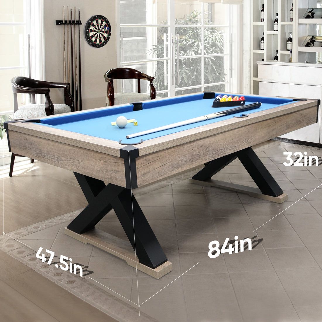 84"Billiard Table With Rustic Blond Finishk Shaped Legs And Royal Blue Cloth Indoor Fitness Blue Brown Gym Gym Mdf