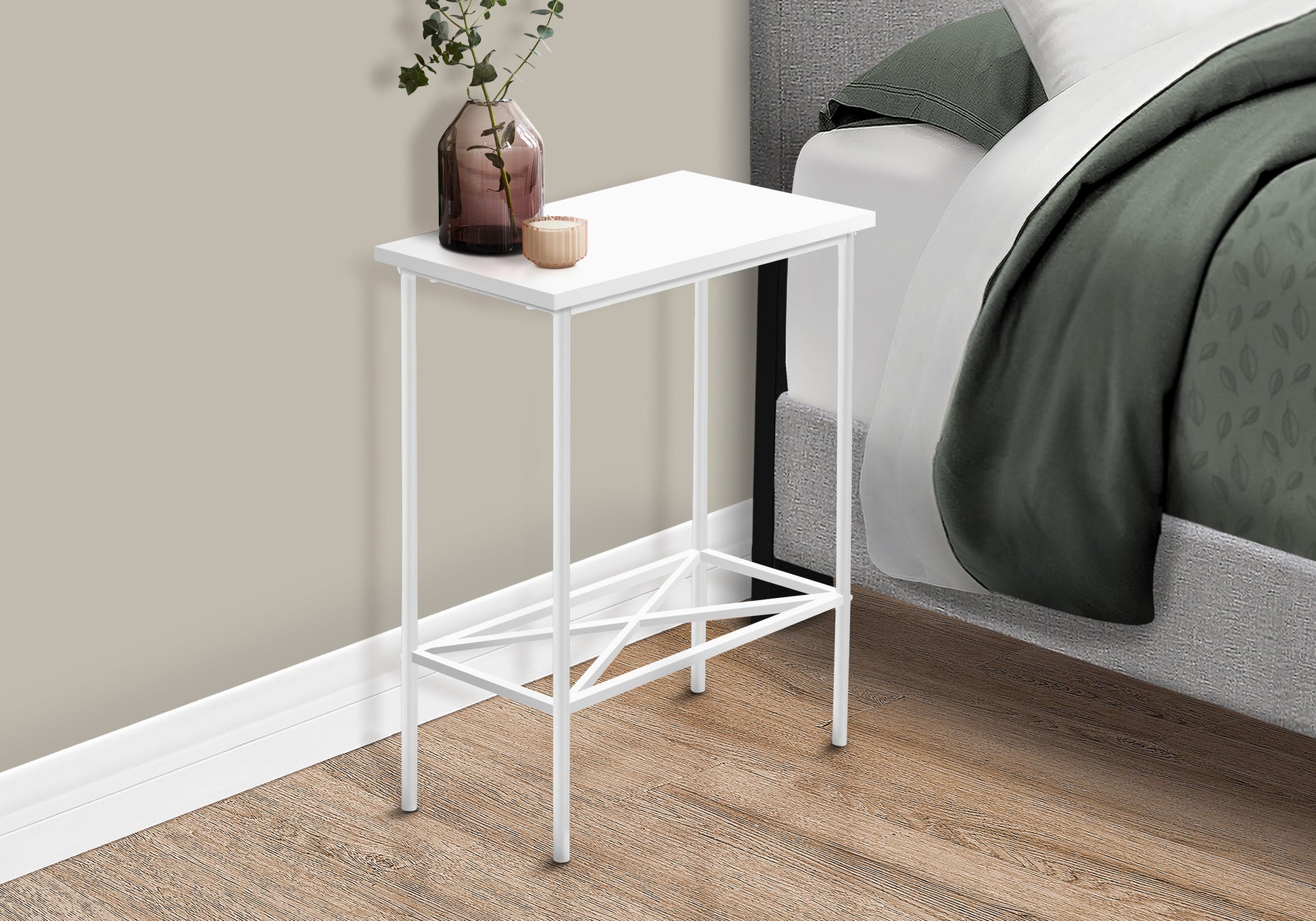 Accent Table, Side, End, Narrow, Small, 2 Tier, Living Room, Bedroom, White Laminate, White Metal, Contemporary, Modern White Particle Board