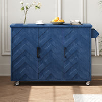 K&K 51.2"W 3D Wave Stripes Ash Veneer Not Cheap Paper Kitchen Island With Drop Leaf, Farmhouse Kitchen Island On Wheels With Internal Storage Rack, Rolling Kitchen Cart Navy Blue Navy Blue Nature