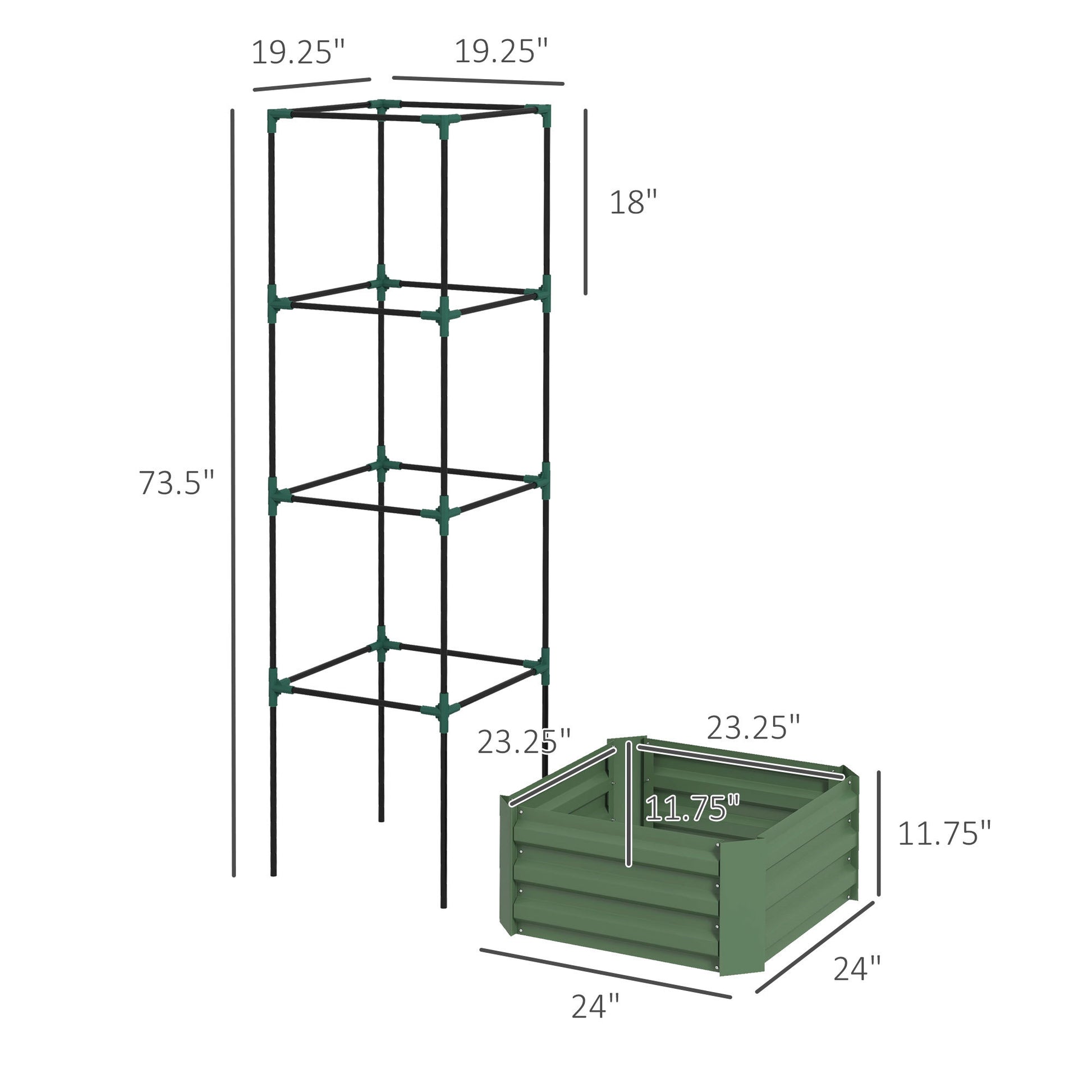 Outsunny Galvanized Raised Garden Bed, 24" X 24" X 11.75" Outdoor Planter Box With Trellis Tomato Cage And Open Bottom For Climbing Vines, Vegetables, Flowers In Backyard, Garden, Patio, Green Green Steel