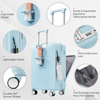 Luggage Set Of 4, 20, 24, 28Inch With Usb Port, 20, 24Inch With Front Opening Design Airline Certified Carry On Luggage With Cup Holder, Abs Hard Shell Luggage With Expandable Travel Bag, Light Blue Blue Abs