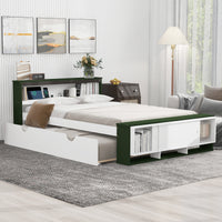 Full Size Platform Bed With Trundle,Storage Headboard And Footboard, Usb Charging Design,White Green Full White Green Solid Wood Mdf