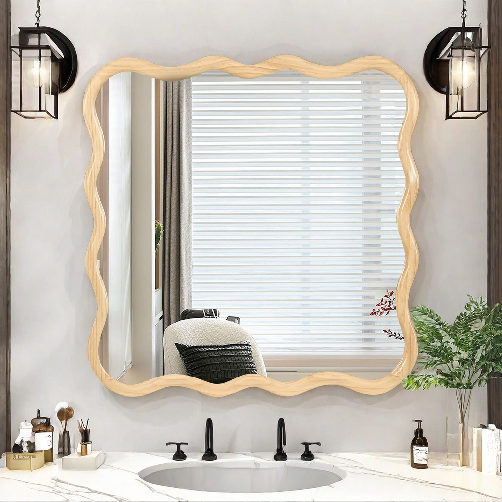 Solid Wood Wavy Square Mirror Natural Wood 36" X 36" Modern Mirror Wall Decor For Bathroom, Bedroom, Living Room, Dining Room, Cloakroom, Entryway Square Framed Natural Wood Living Room Large 33In 40In Glass Solid Wood