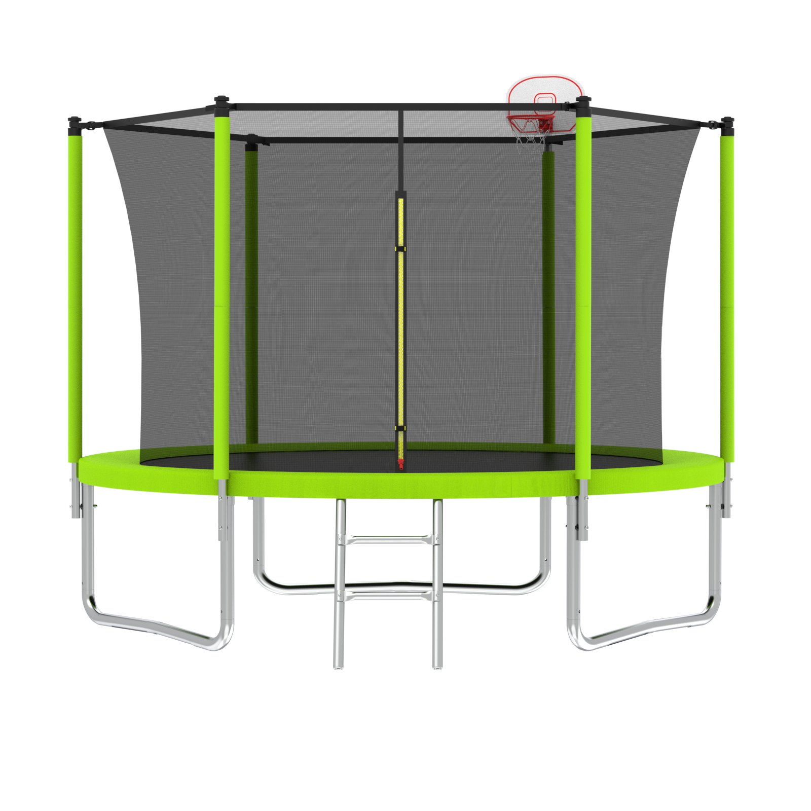 10Ft Trampoline For Kids, Basketball Hoop And Ladder, Outdoor Kids Trampoline With Safety Enclosure,Fast Assembly For Backyard Fun,Astm Approved Green Metal