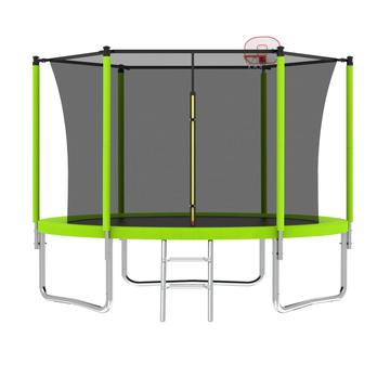 10Ft Trampoline For Kids, Basketball Hoop And Ladder, Outdoor Kids Trampoline With Safety Enclosure,Fast Assembly For Backyard Fun,Astm Approved Green Metal