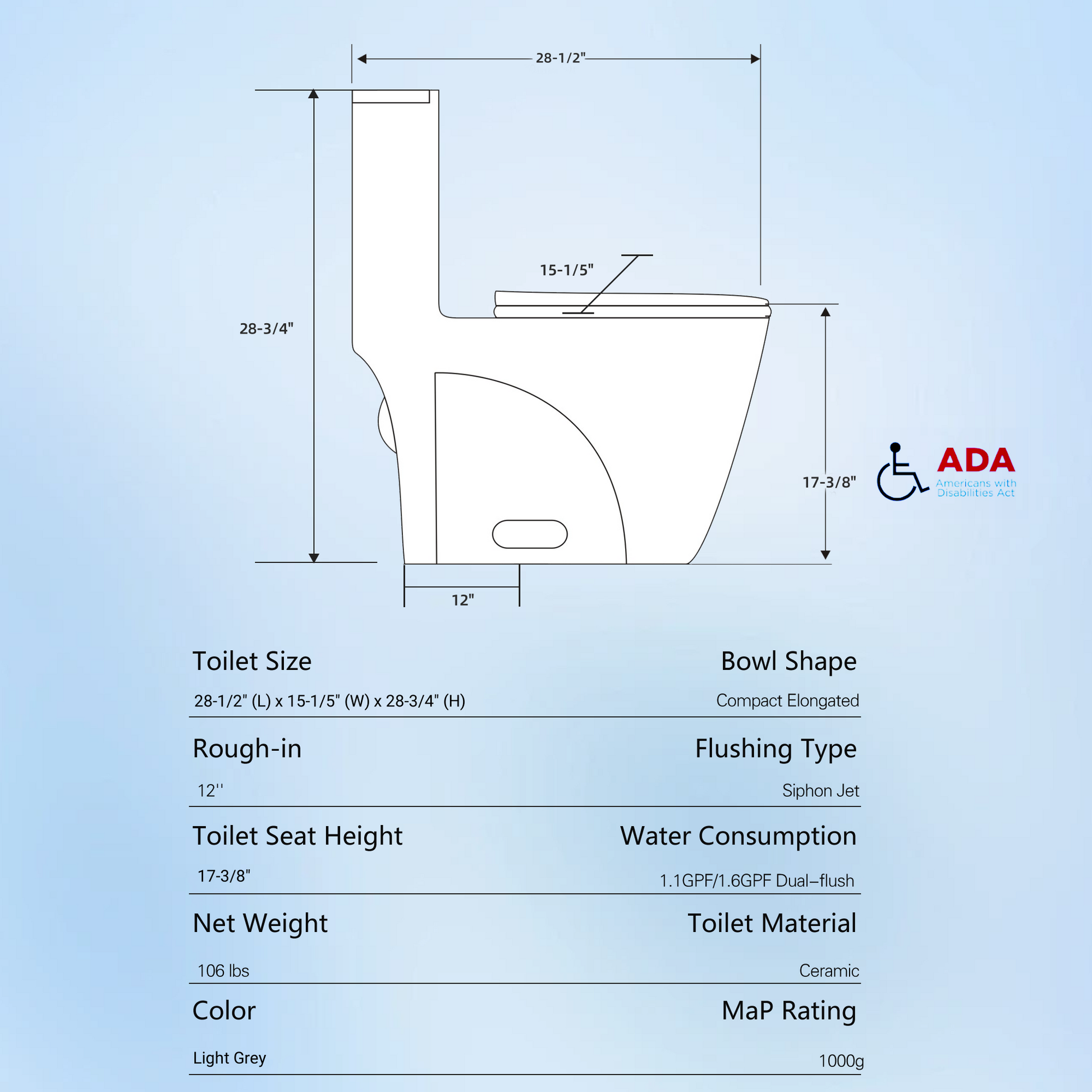 1.1 1.60 Gpf Dual Flush One Piece Toilet, Water Saving Elongated Comfort Height Floor Mounted, Soft Closing Seat, 1000 Gram Map Flushing Score Toilet, Light Grey 23T02 Lg Light Gray Ceramic