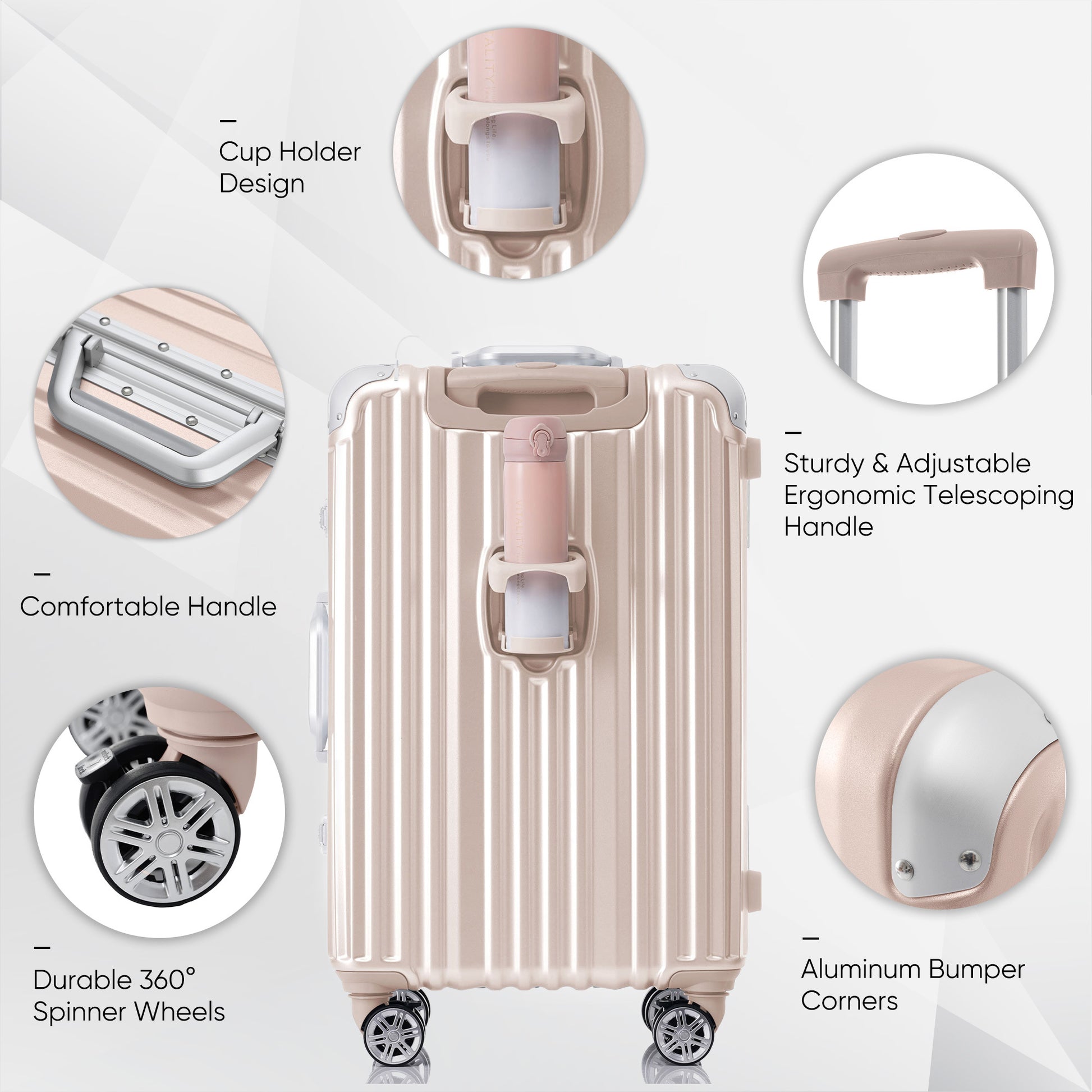 1Pc 20In Aluminum Frame Luggage With Usb Port, Vacation Carry On Suitcase With Spinner Wheels And Tsa Lock, Travel Trolley Case For Short Business Trips, Beach Holidays, Pink Pink Abs Pc