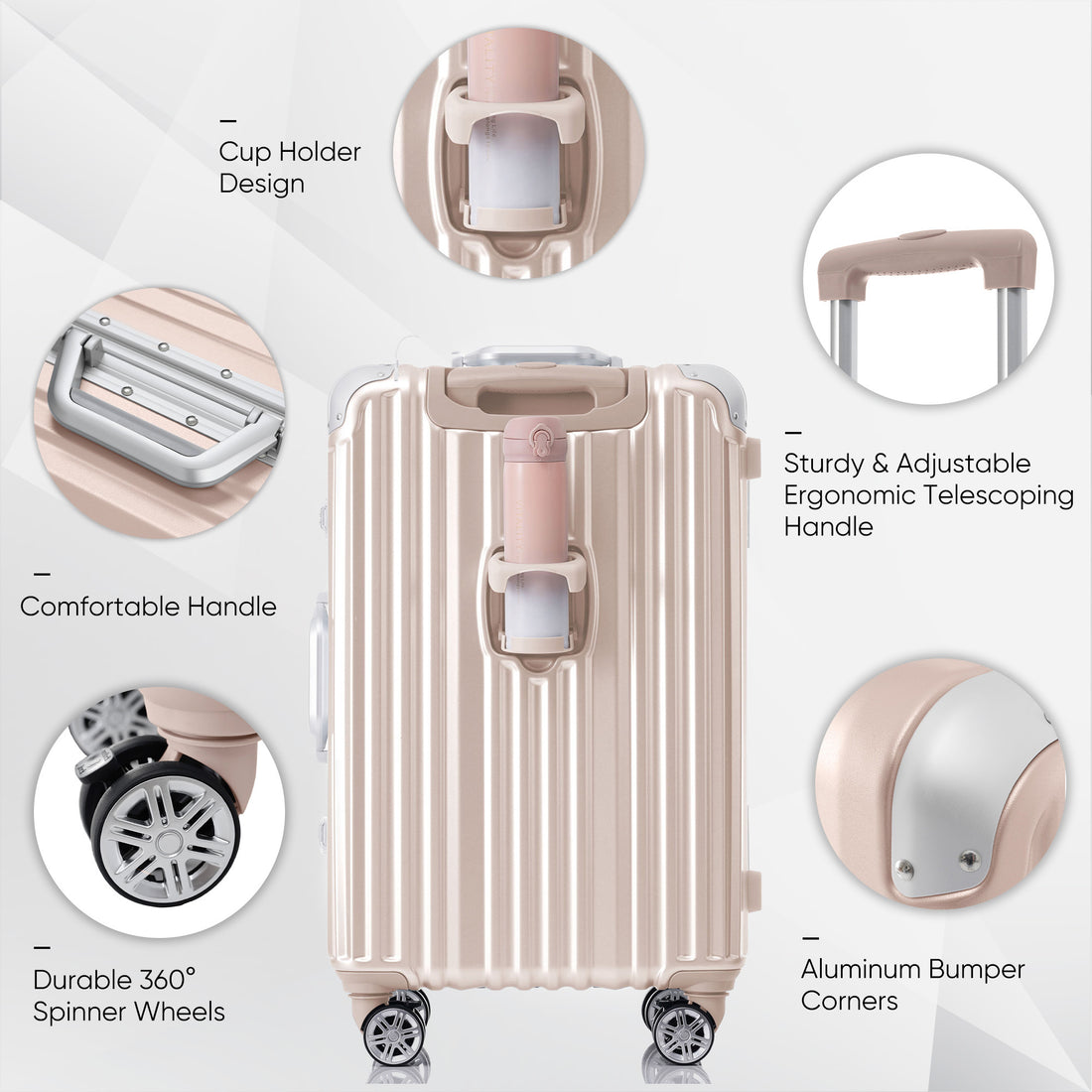 1Pc 24In Aluminum Frame Luggage With Usb Port, Vacation Carry On Suitcase With Spinner Wheels And Tsa Lock, Travel Trolley Case For Short Business Trips, Beach Holidays, Pink Pink Abs Pc