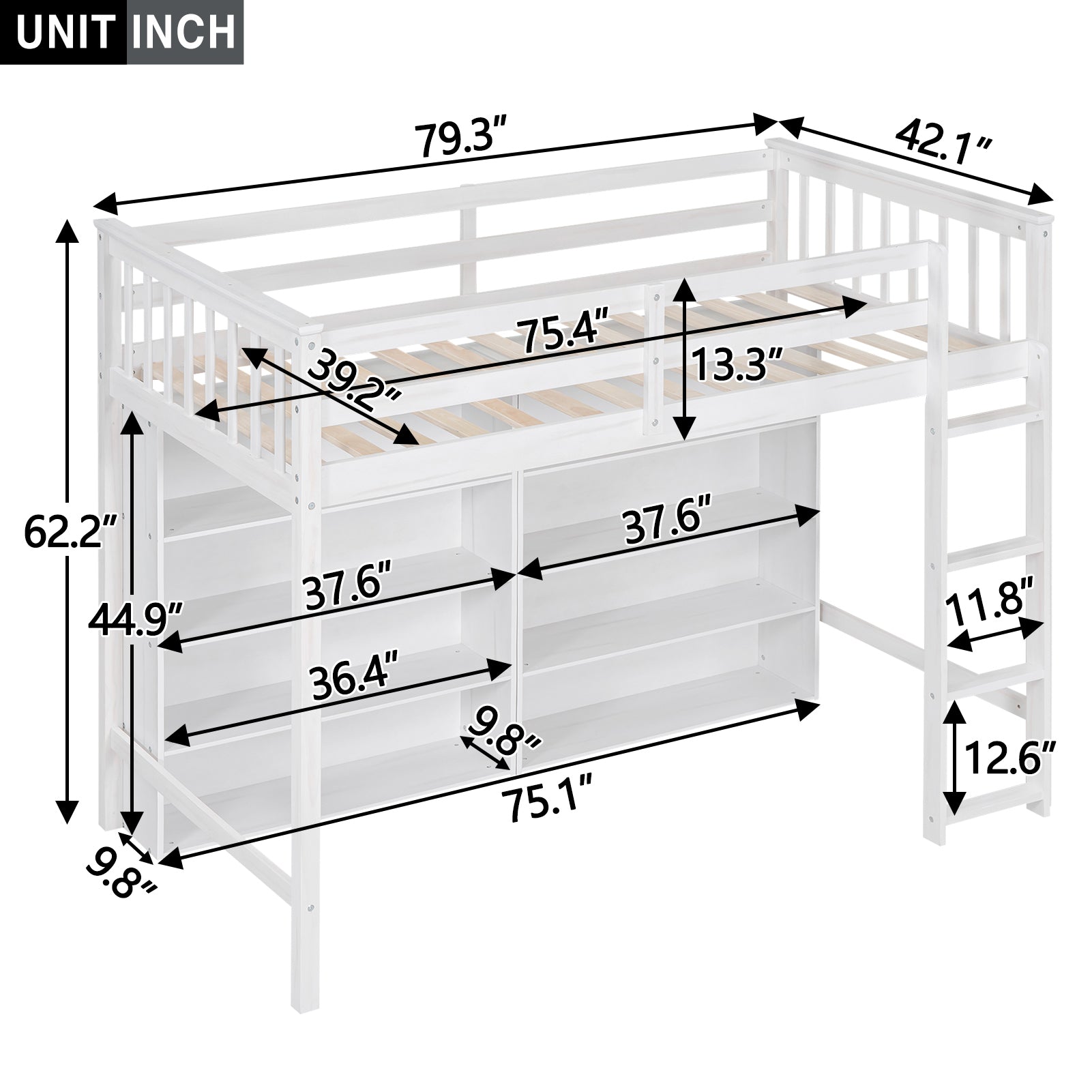 Twin Size Loft Bed With 8 Open Storage Shelves And Built In Ladder, White White Solid Wood Mdf