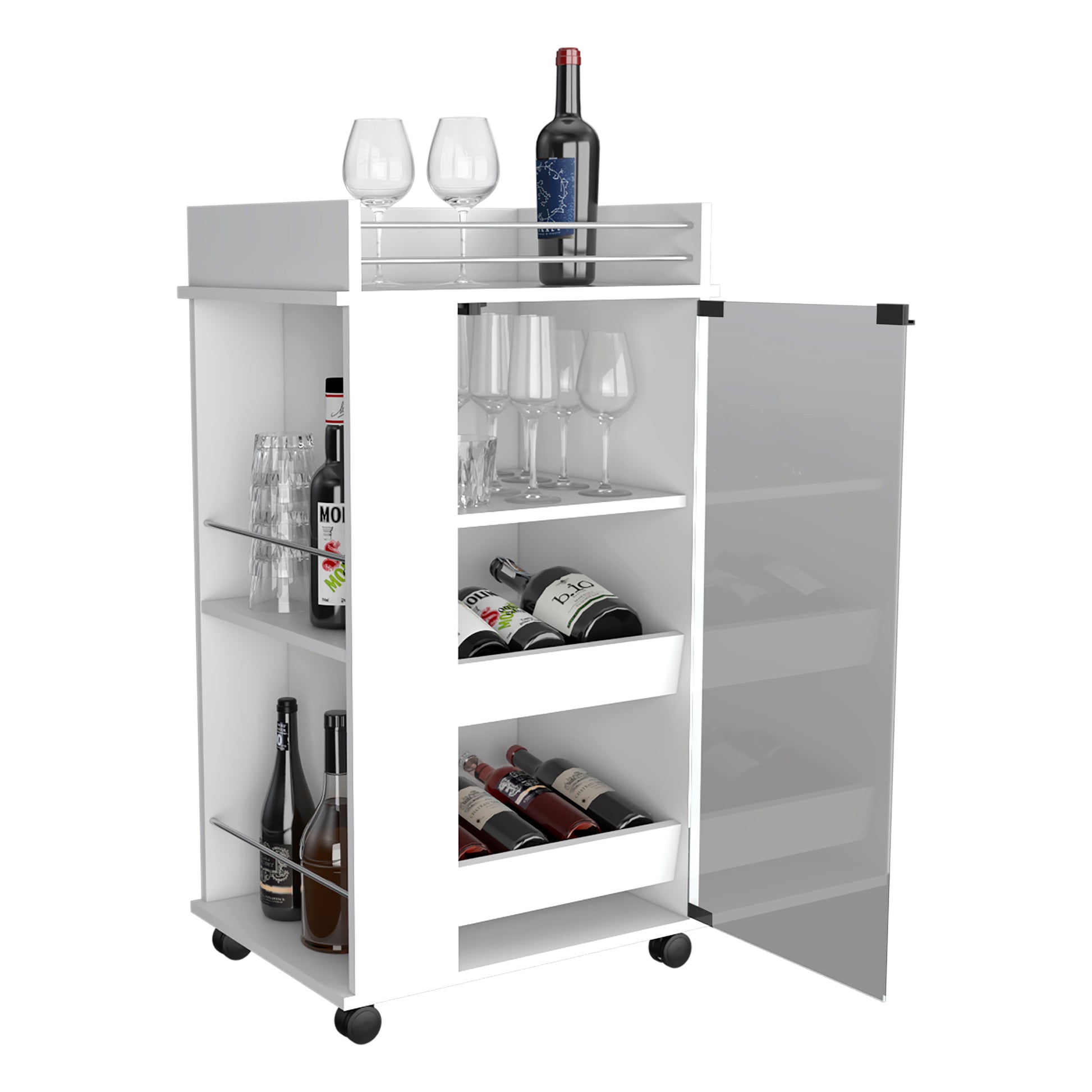 Baltimore Bar Cart With Casters, Glass Door And 2 Side Shelf White Primary Living Space Modern Rectangular Particle Board Engineered Wood Medium 40 55In