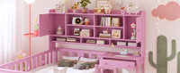 Twin Size Multifunctional Wood Platform Bed With Bookshelf At The Head Of The Bed, Built In Desk And Matching Chair, Pink Twin Pink Wood