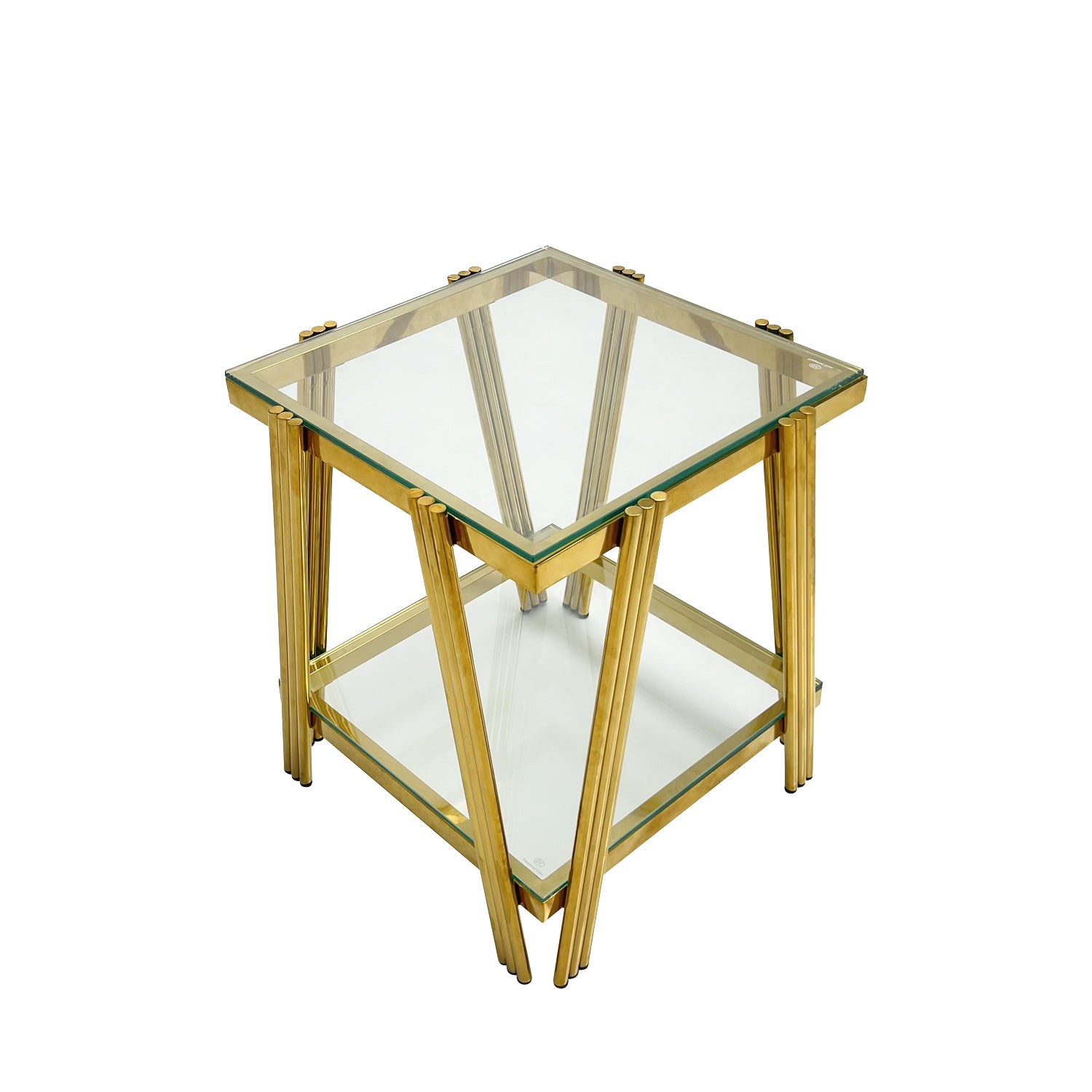 20 Inch Square End Table, Modern Stainless Steel End Table, Double Layer Clear Tempered Glass Coffee Table, Side Table With Storage, For Living Room Home Office, Gold Clear,Gold Open Storage Square