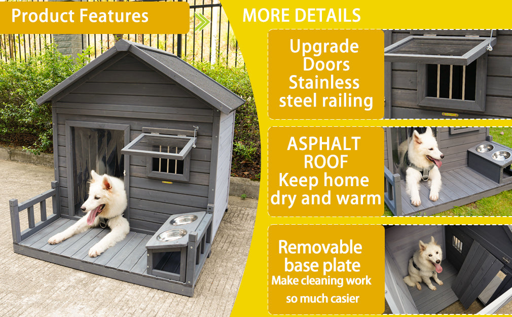 Large Dog House, 44.2" Long X 44.6" Wide X 44.6" High Solid Wood Asphalt Roof Dog House For Large Dogs With Large Terrace, Weatherproof Large Dog House,Complimentary Dog Bowl Gray Solid Wood