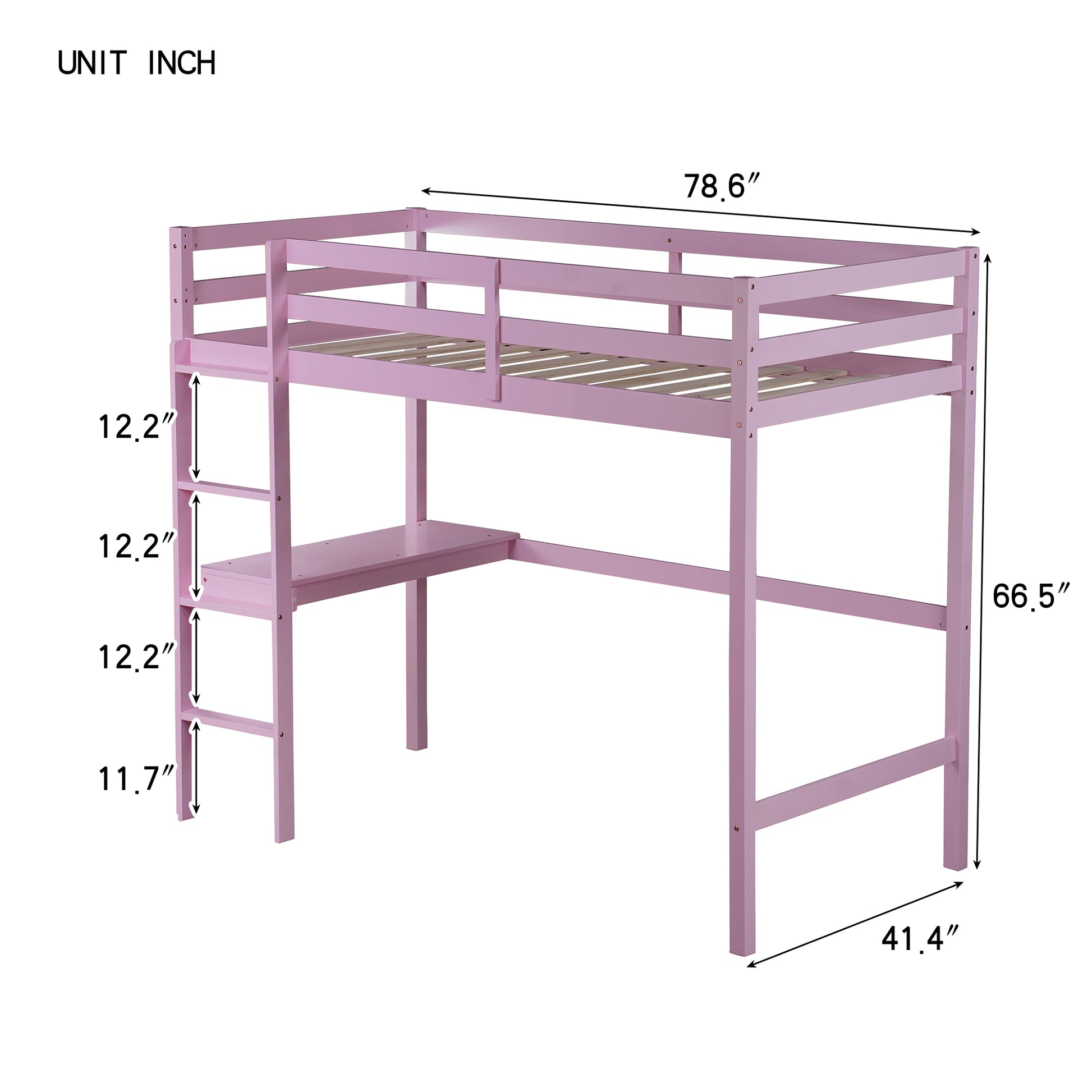 Twin High Loft Bed, Rubber Wood Loft Bed With Safety Guardrail, Built In Desk, Ladder,Pink Twin Pink Abs Rubber Steel Q235 ,Rubber Wood