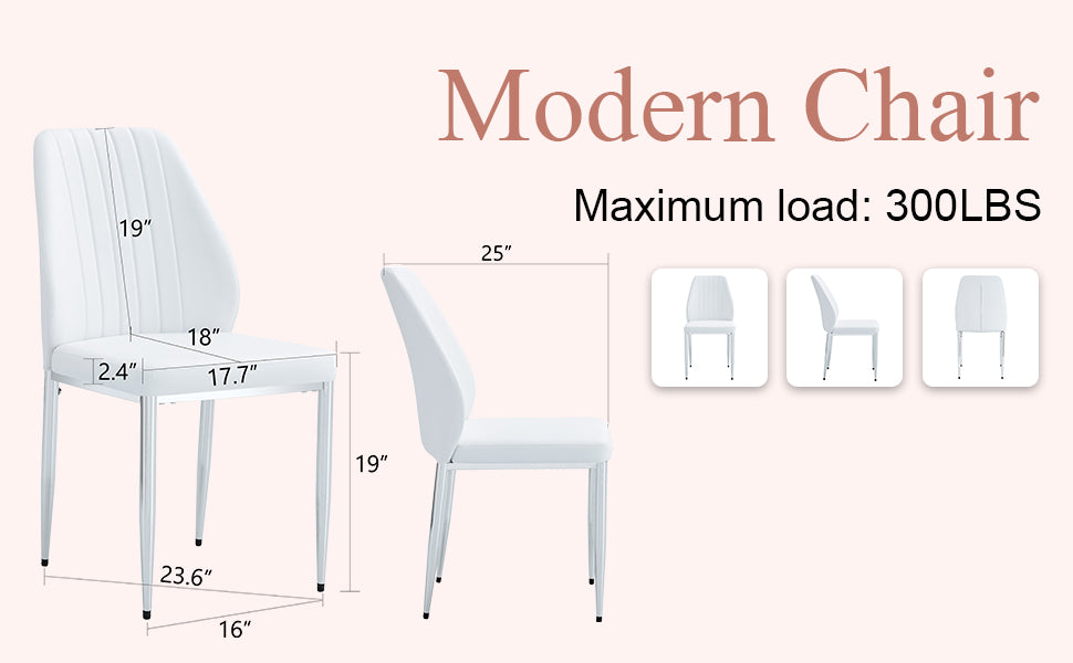 Set Of Four White Pu Comfort Dining Chairs 17.7"X25" .Dining Chair With Extended Backrest,White Pu,Silver Metal Legs,Suitable For Various Places Such As Family Restaurants, Hotels, Coffee Shops,Etc.