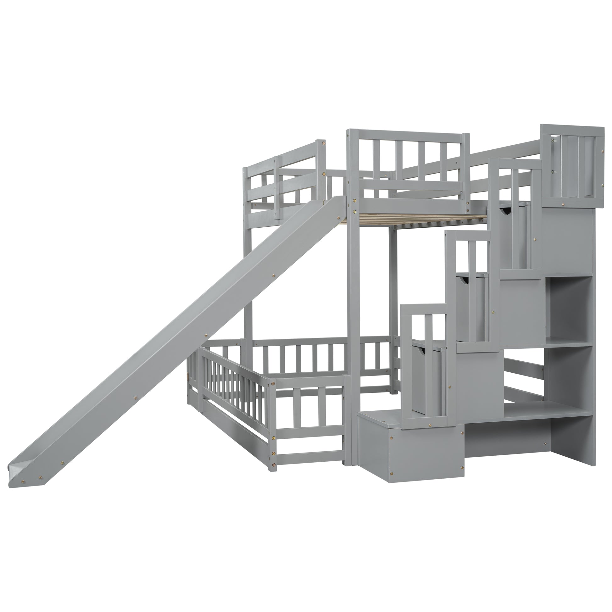 Twin Over Full Bunk Bed With Slide, Storage Staircase, Pine Solid Wooden Bunk Bed With Safety Guardrails ,Grey Grey Pine