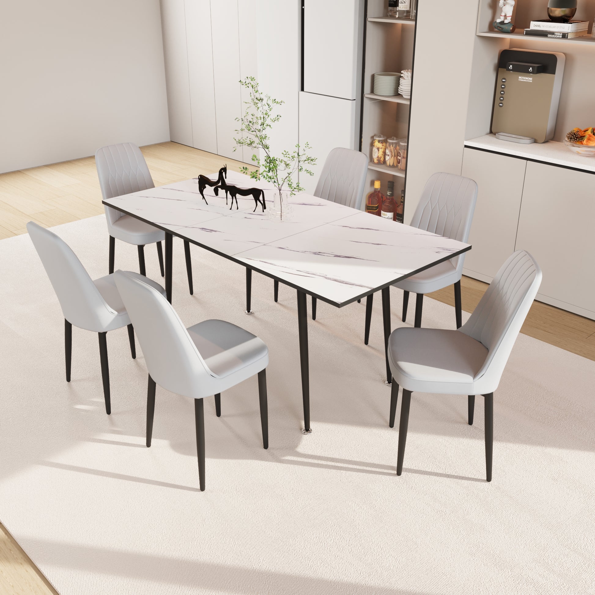 An Expandable Dining Table Set For 2 6 People, Equipped With Pu Fabric Thick Cushioned Dining Chairs And An Elegant And Spacious Dining Tablekitchen Table And Chair Set, With Black Metal Legs Grey