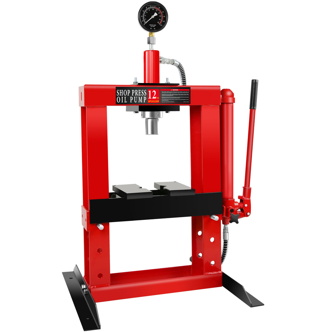 12 Ton Adjustable Benchtop Hydraulic Shop Press For Garage W Stamping Plates & Pressure Gauge, Manual Hand Pump Red Steel