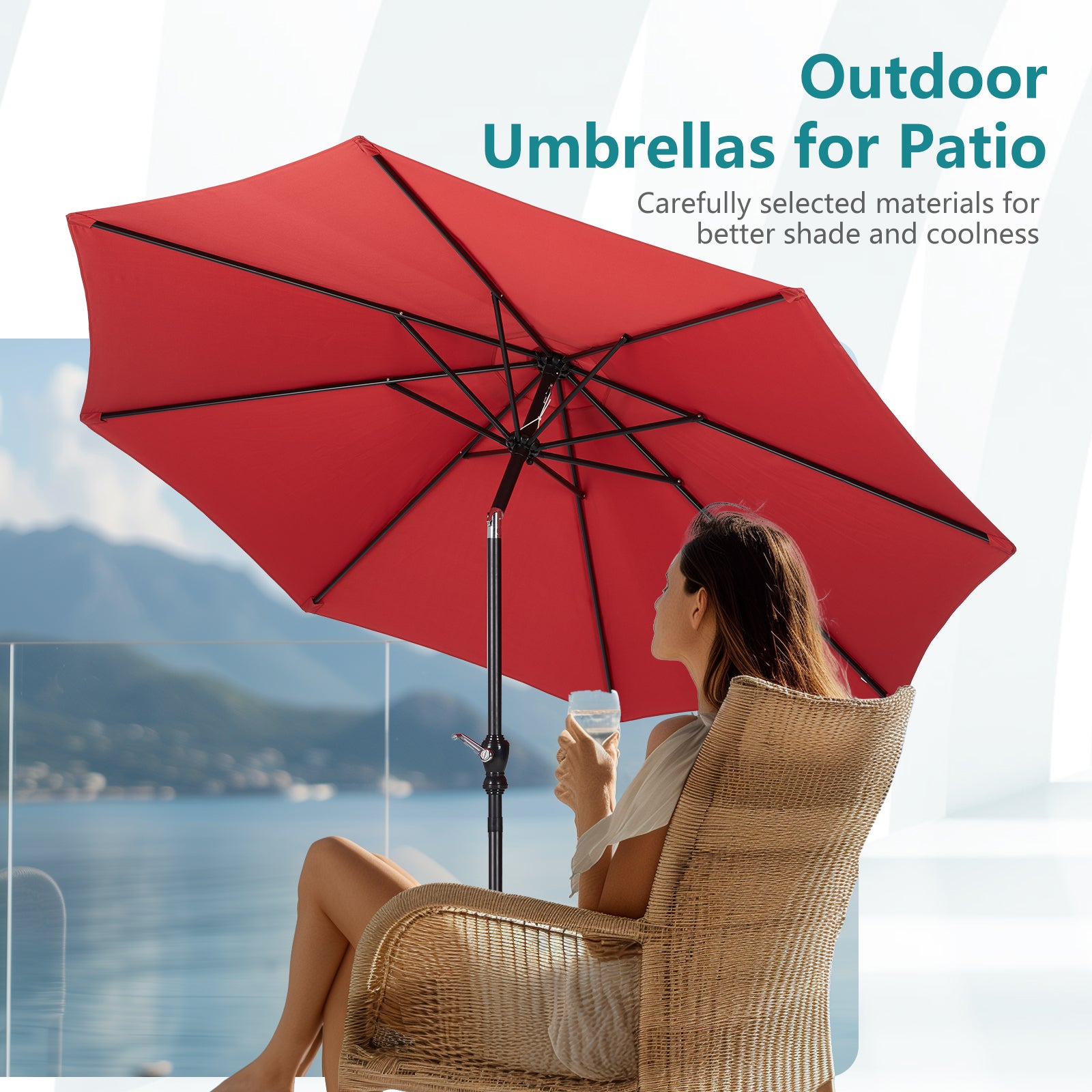 9 Foot Outdoor Patio Umbrella With Button Tilt And Crank, Outdoor Patio Market Table Umbrella Uv Protected And Waterproof, Red Red Polyester