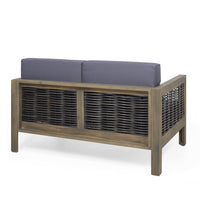 Outdoor 4 Seater Acacia Wood Chat Set With Wicker Accents And Cushions, Gray Mixed Gray Dark Gray Gray Acacia Wood