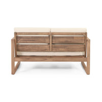 Outdoor Acacia Wood Loveseat And Coffee Table Set With Cushions, Brown Wash, Beige Brown Acacia Wood