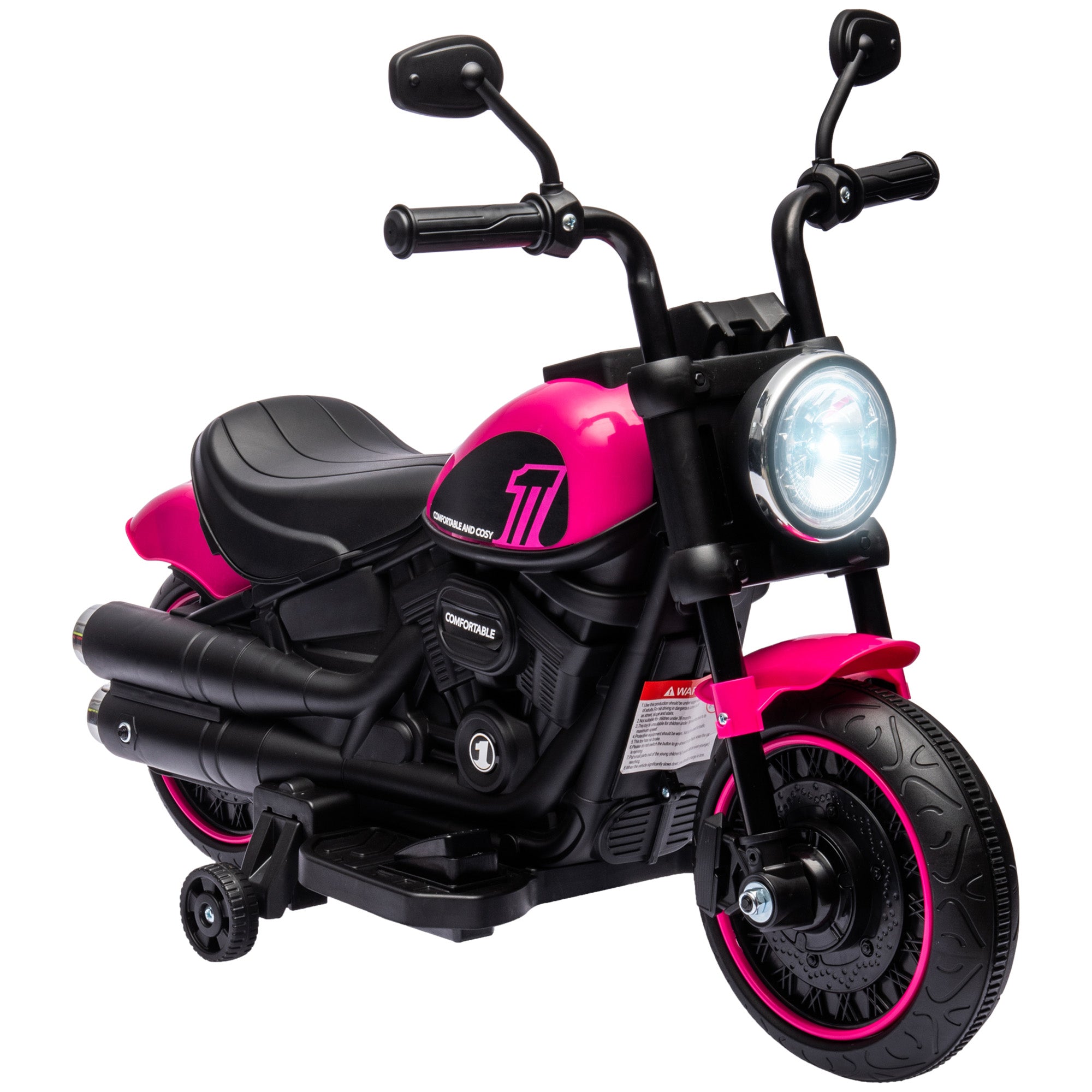 Aosom Kids Motorcycle With Training Wheels, 6V Ride On Toy For Toddler Ages 18 48 Months, Battery Operated Motorbike For Kids With Single Button Start, Headlight, Pink Pink Plastic