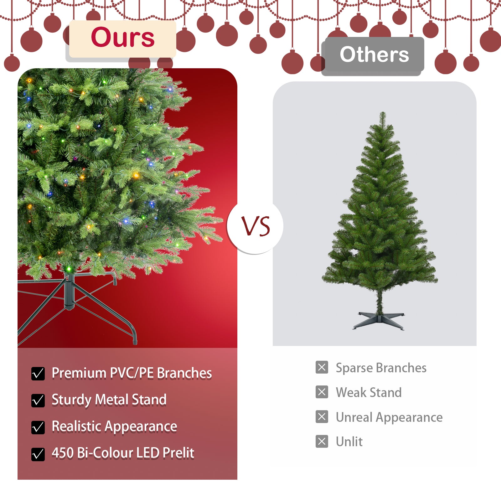 6.5Ft Artificial Christmas Tree Prelit Pe&Pvc With Metal Stand,450 Bi Colour Led Lights,1791 Branch Tips Green Everett Balsam Tree Easy Assembly For Indoor,Home 50 X 50 X 90 Inches Green Pvc