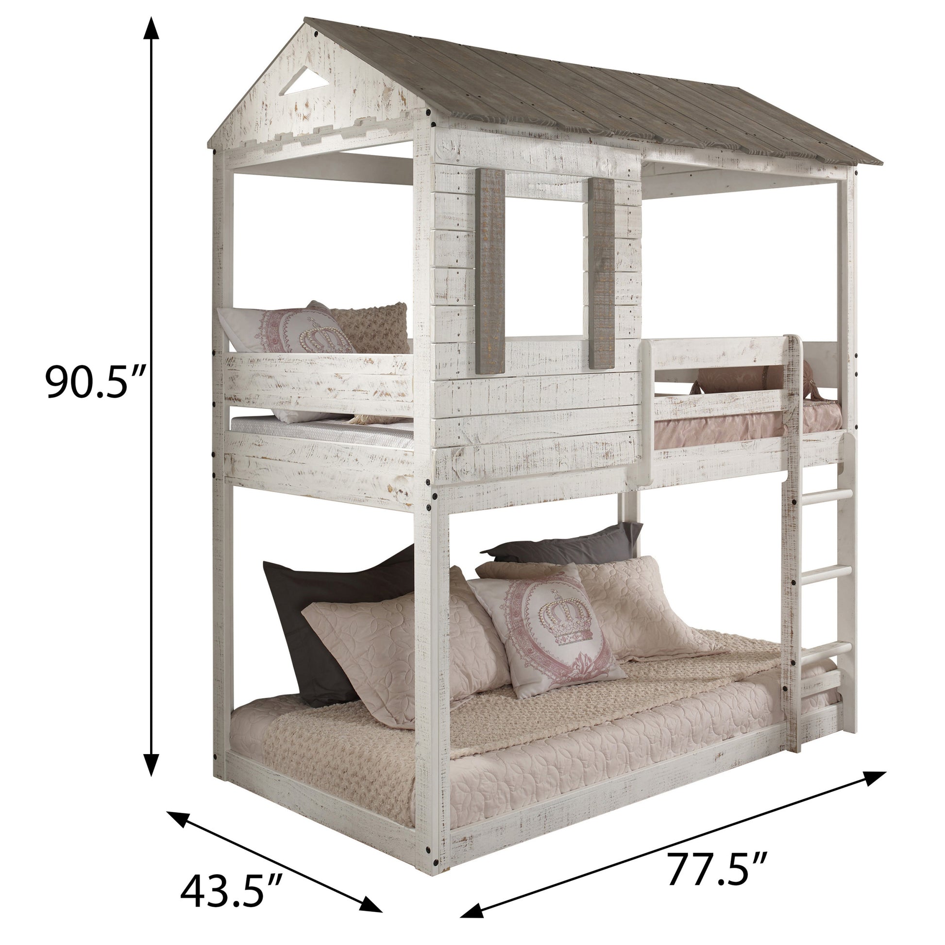 Rustic White Twin Over Twin Bunk Bed With Built In Ladder White Wood