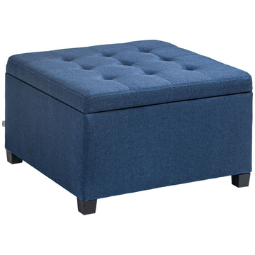 Homcom Fabric Tufted Storage Ottoman With Flip Top Seat Lid, Metal Hinge And Stable Eucalyptus Wood Frame For Living Room, Entryway, Or Bedroom, Blue Blue Polyester