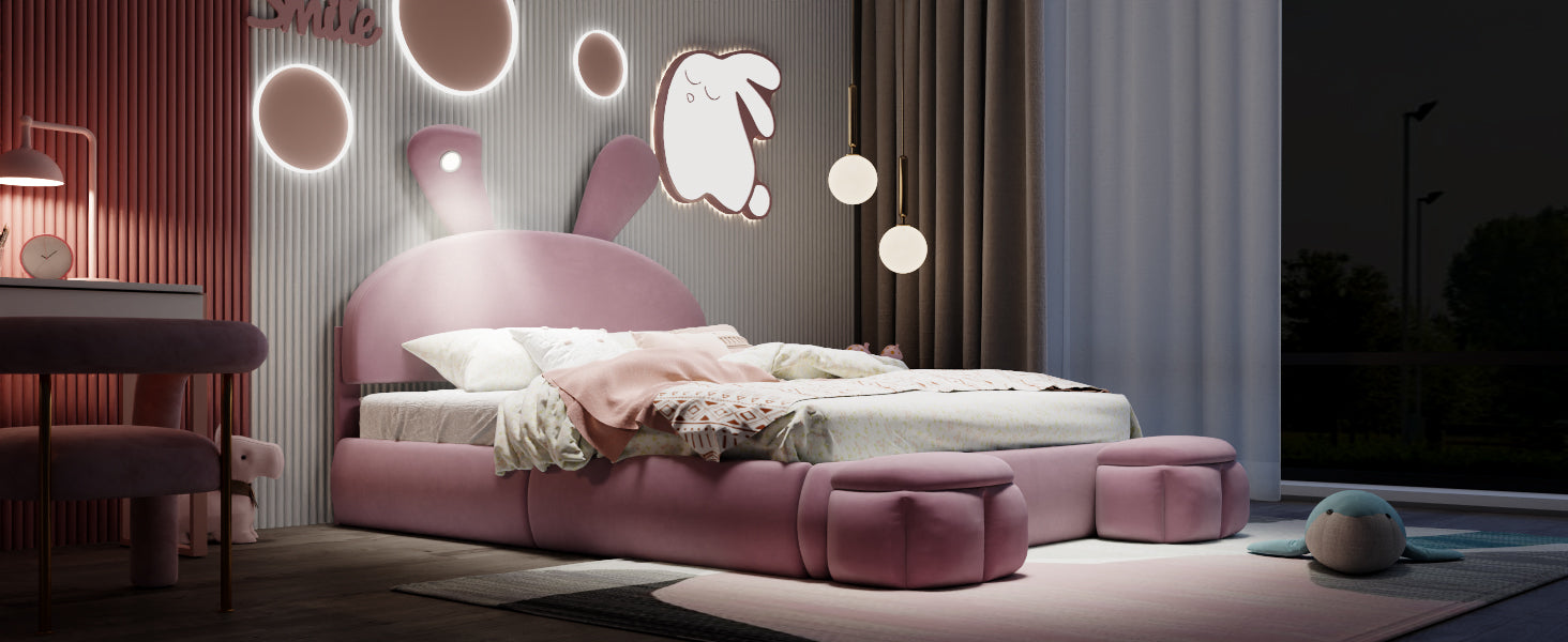 Full Size Upholstered Platform Bed With Cartoon Ears Shaped Headboard And Light, Pink Box Spring Not Required Full Pink Wood Bedroom Bed Frame Velvet Upholstered