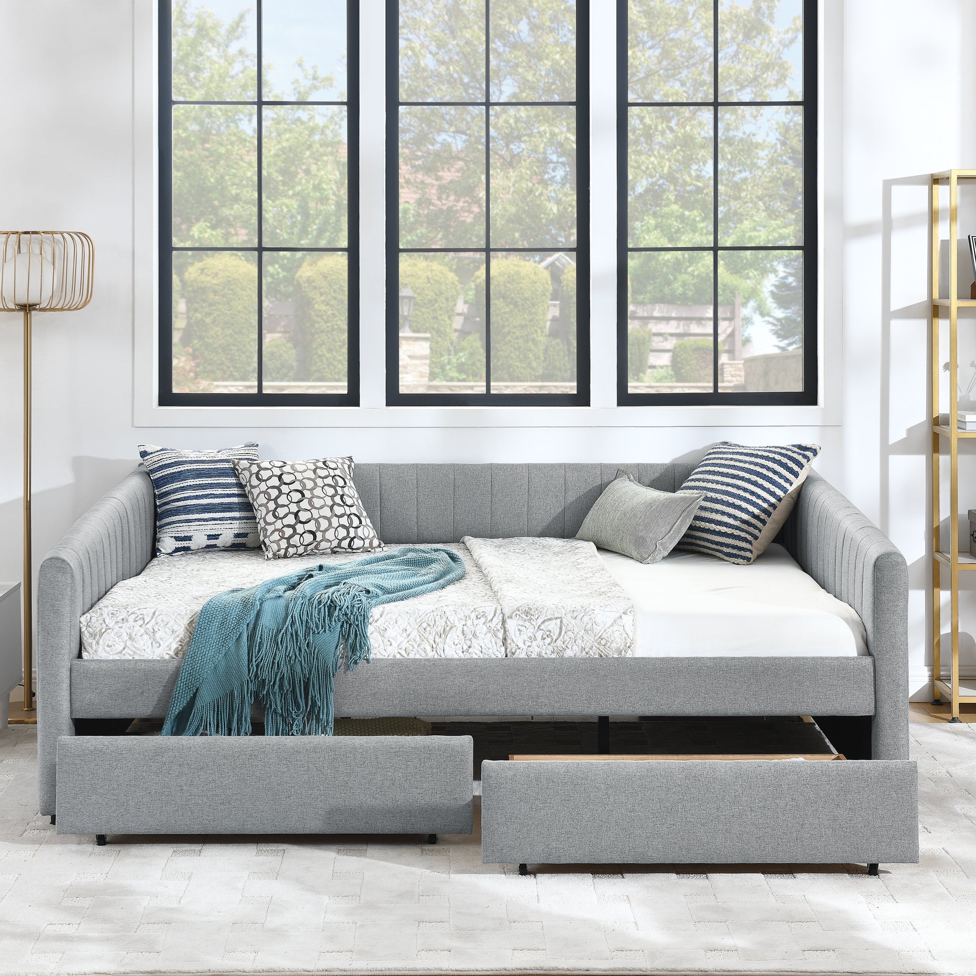 Queen Size Daybed With Two Drawers Trundle Upholstered Sofa Bed, With Vertical Stripes Linen Fabric, Grey 86.5"X65"X30" Grey Linen