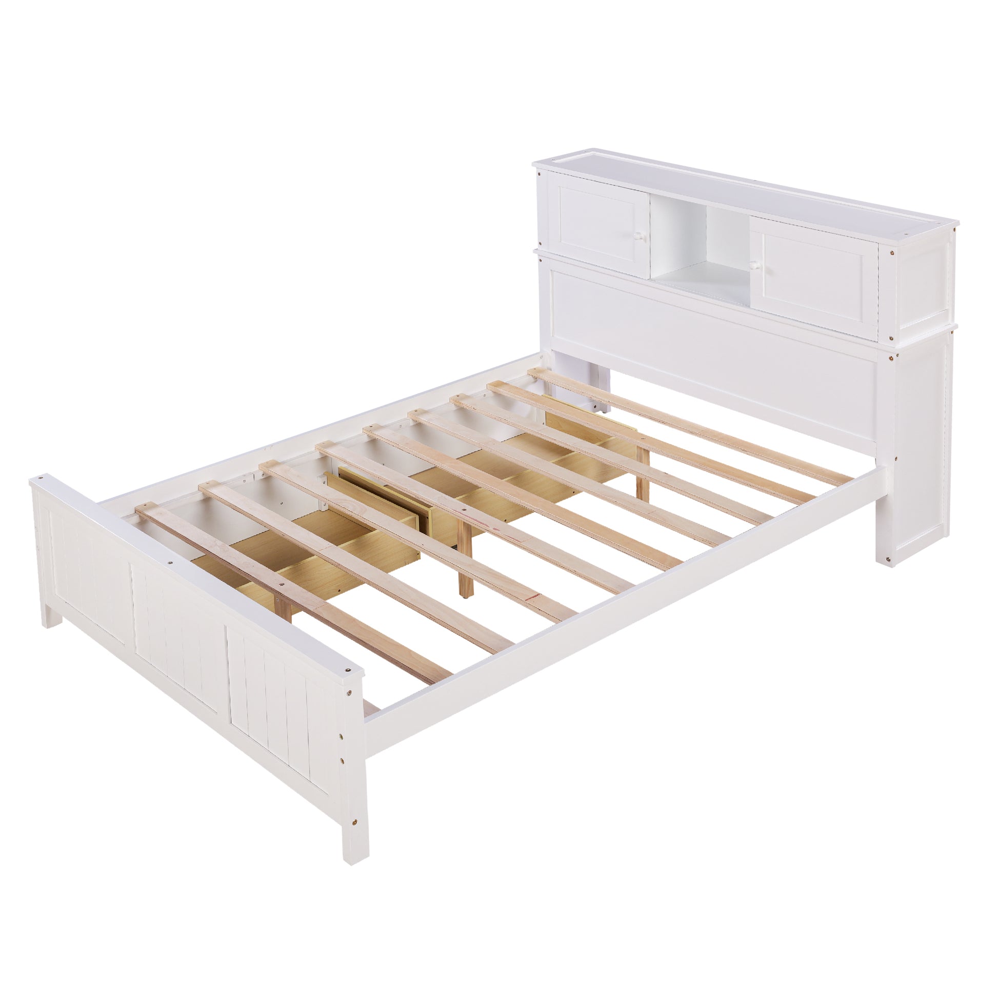 Full Size Platform Bed With Storage Headboard And Sliding Door,2 Drawers, White Full White Solid Wood Mdf