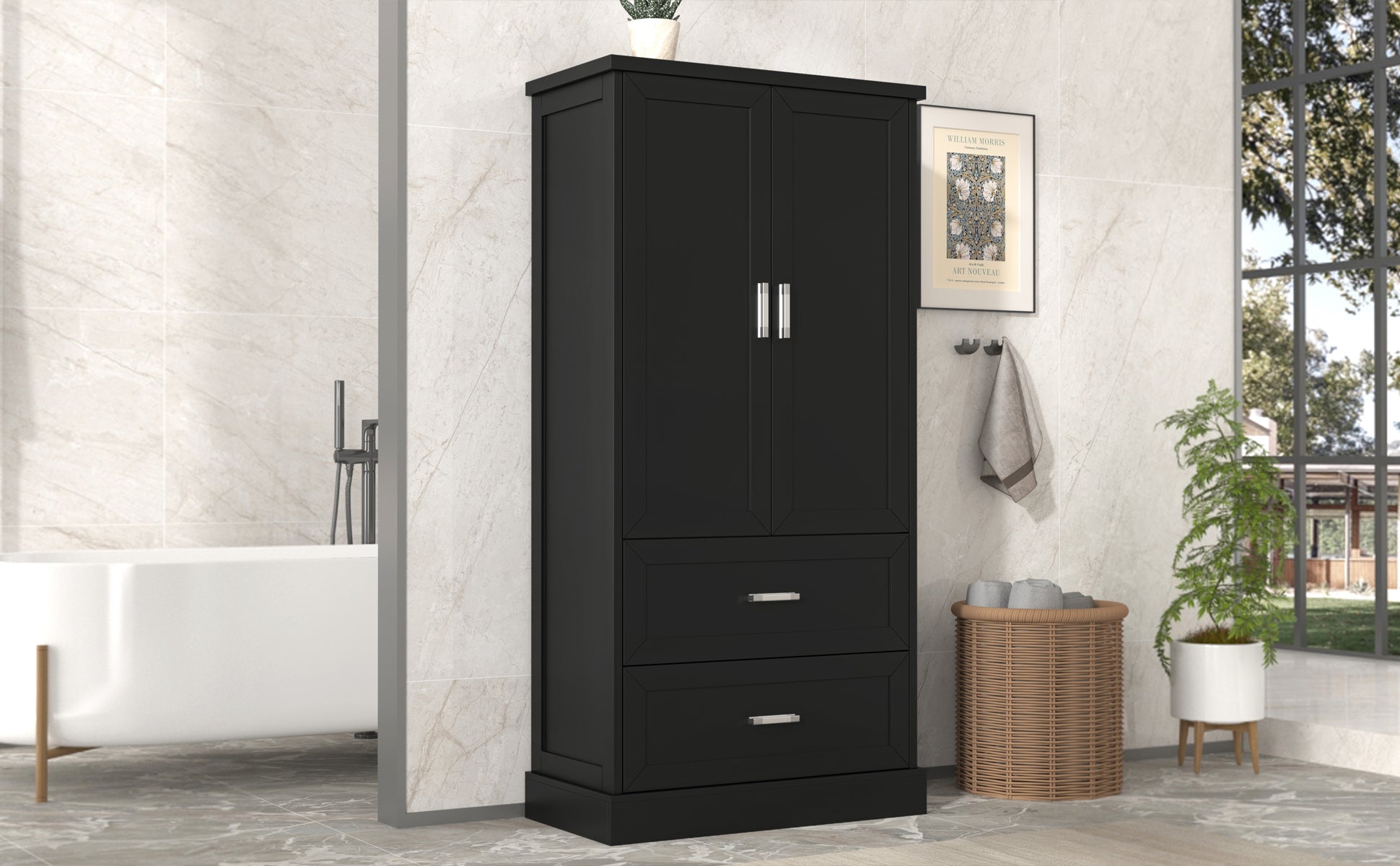 Tall Bathroom Storage Cabinet, Cabinet With Two Doors And Drawers, Adjustable Shelf, Mdf Board, Black Black Mdf