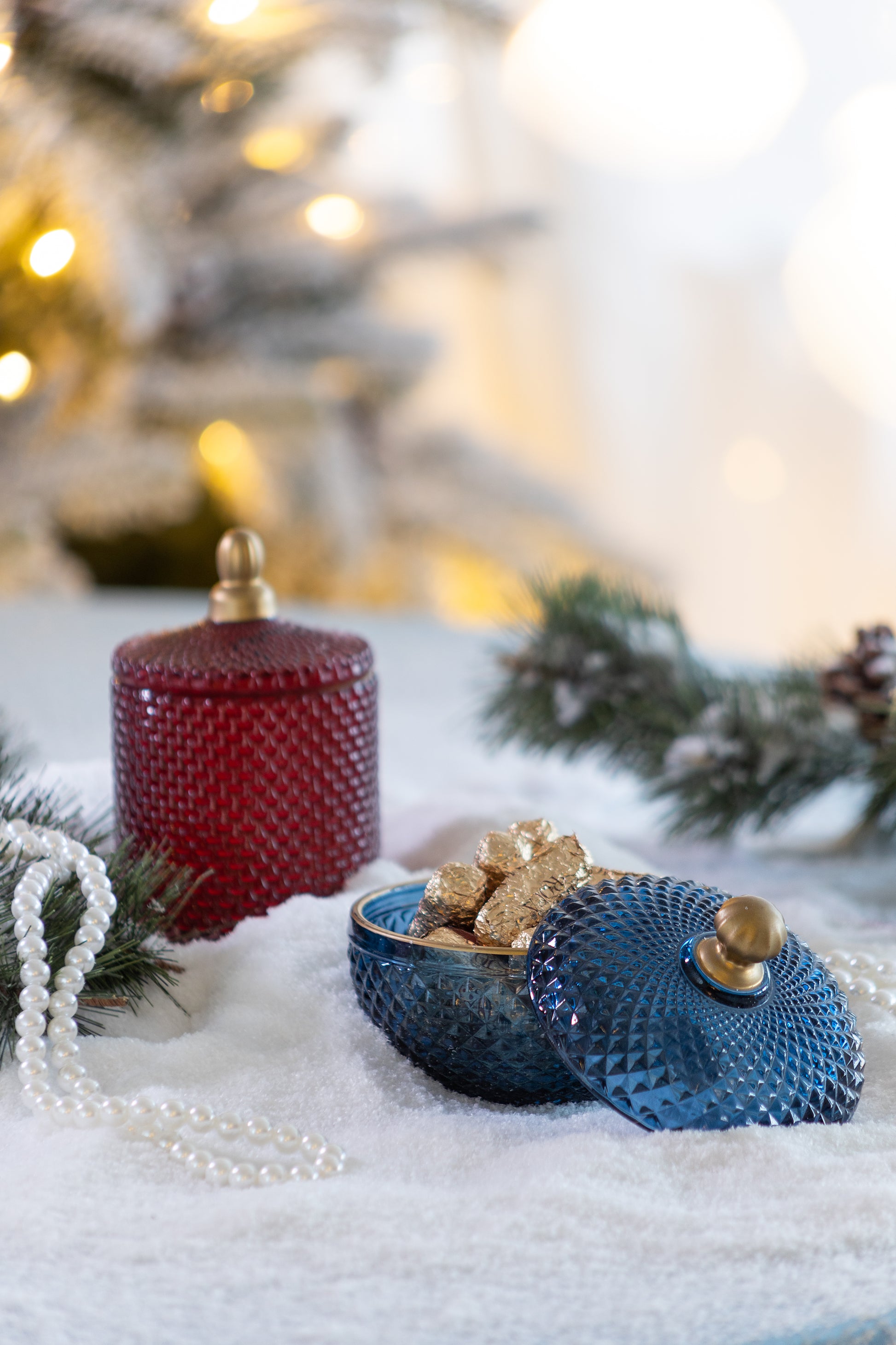 S 2 Glass Candy Jar With Lid, Christmas Candy Jar Containers, Blue Gold Blue Glass