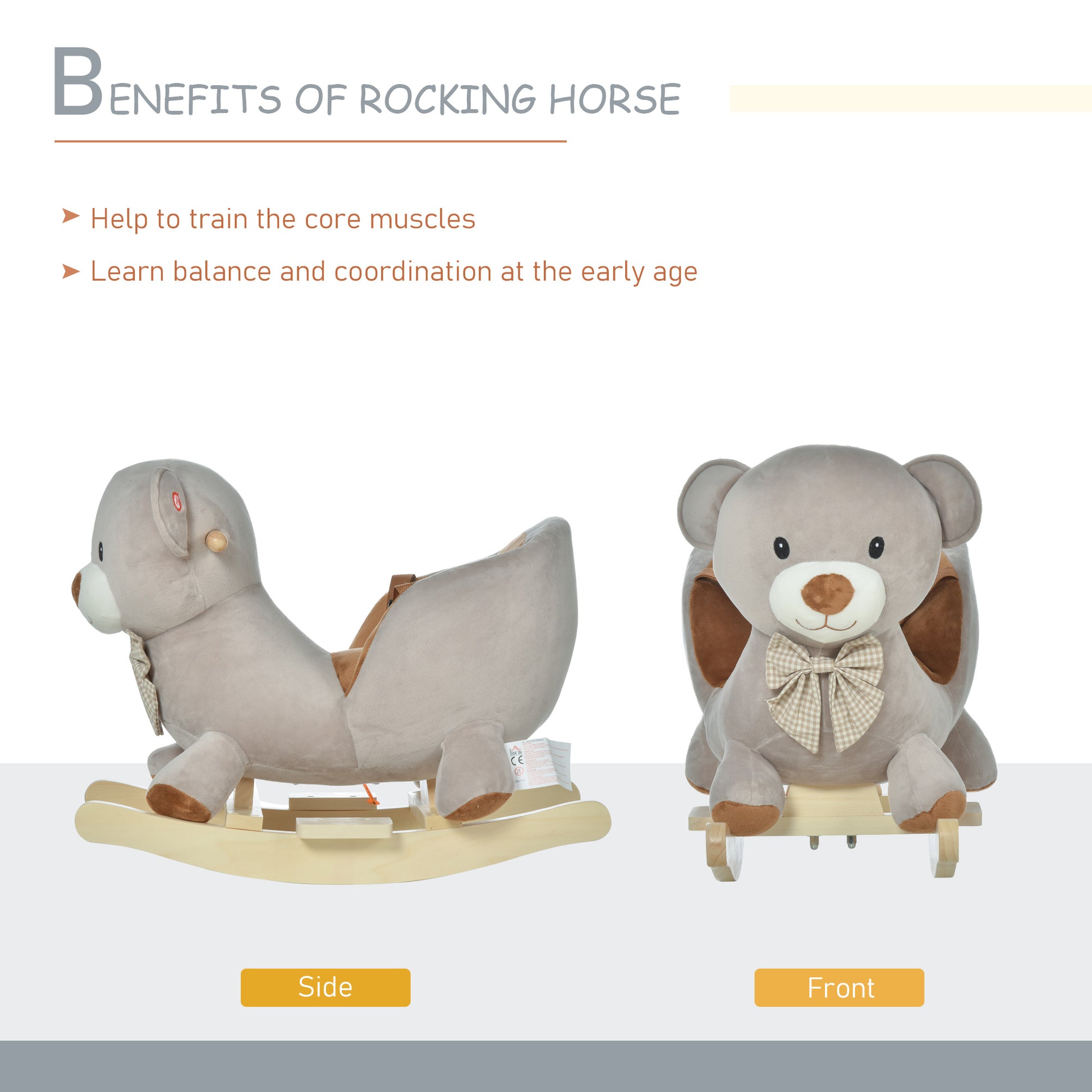 Qaba Kids Rocking Horse, Bear Shaped Plush Toddler Ride On Horse With Sound, Wooden Base & Safety Belt For 18 36 Months, Gray Gray Plush