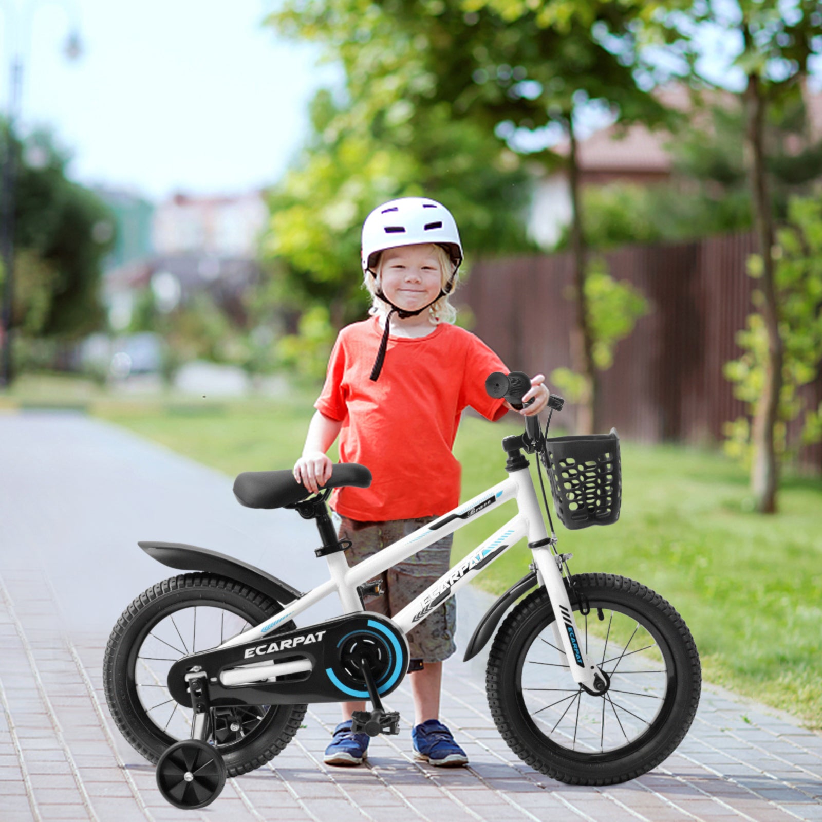 C14111A Kids Bike 14 Inch For Boys & Girls With Training Wheels, Freestyle Kids' Bicycle With Bell,Basket And Fender. White Steel