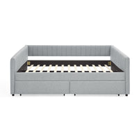 Queen Size Daybed With Two Drawers Trundle Upholstered Sofa Bed, With Vertical Stripes Linen Fabric, Grey 86.5"X65"X30" Grey Linen