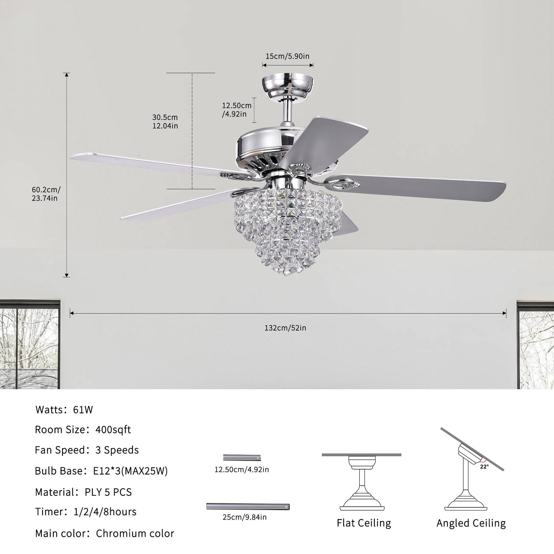52 Inch Crystal Ceiling Fan Lamp With Remote Control 3 Speed High, Mid, Low , 5 Reversible Blades For Living Room, Dining Room, Bedroom, Family Room, Chrome ,3Pcs*E12 No Include Bulb Chrome American Traditional,Antique,Classic,Contemporary Plywood Metal