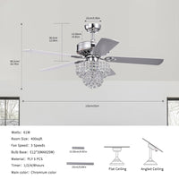 52 Inch Crystal Ceiling Fan Lamp With Remote Control 3 Speed High, Mid, Low , 5 Reversible Blades For Living Room, Dining Room, Bedroom, Family Room, Chrome ,3Pcs*E12 No Include Bulb Chrome American Traditional,Antique,Classic,Contemporary Plywood Metal