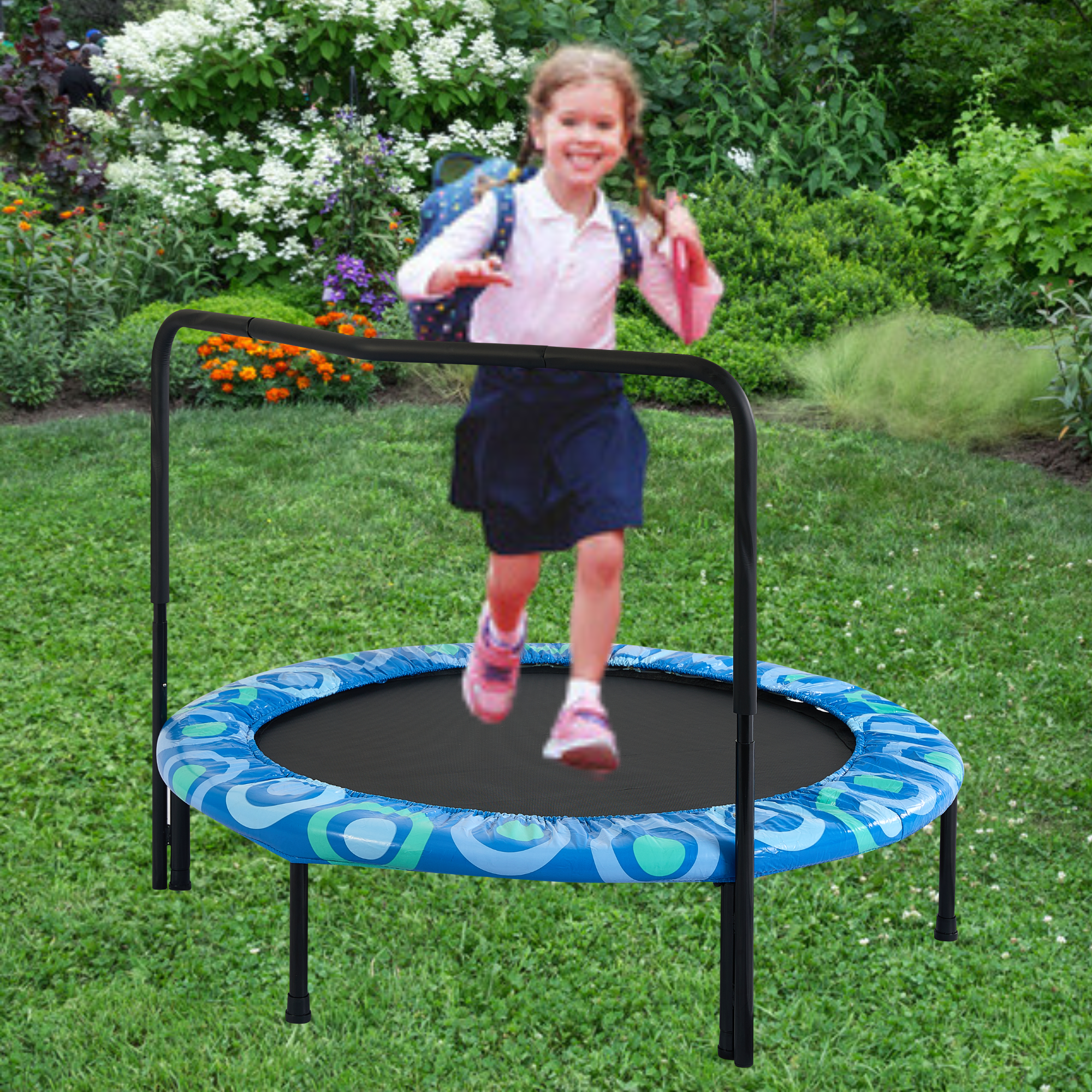 Xtp002 Assembled Children'S Trampoline Happy Expression Outdoor And Indoor For Kids Age 3 7 Blue Steel