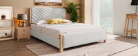 Modern Mid Century Queen Upholstered Platform Bed Frame With Tufted Headboard And Solid Wood Legs,No Box Spring Needed,Beige Box Spring Not Required Queen Beige Wood Bedroom Mid Century Modern,Modern Bed Frame Linen Wood