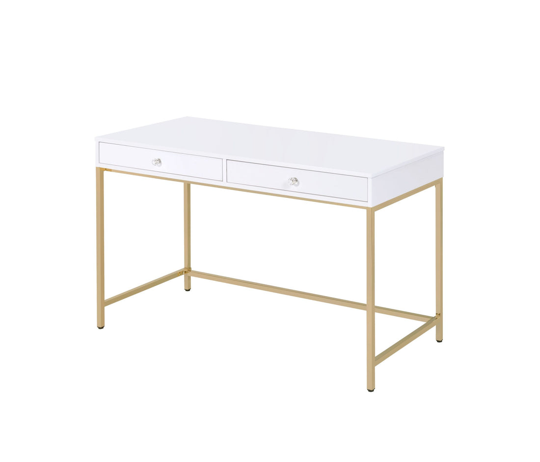 White High Gloss And Gold 2 Drawer Writing Desk -