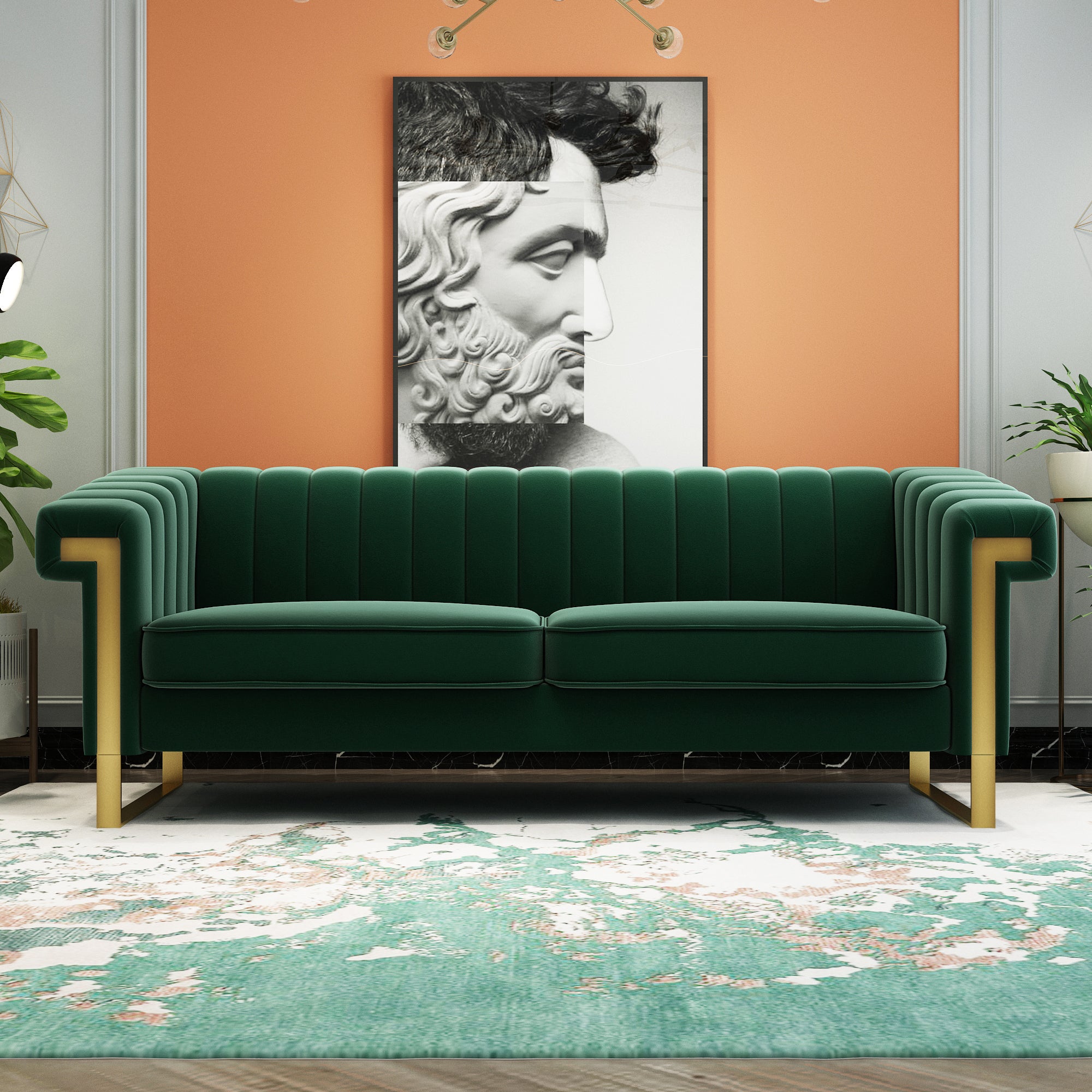 Fx P81 Rg2 Retro Green Sofa Modern Cream Velvet Sofa With Gold Accents Sleek Channel Tufted Upholstery, 3 Seat Couch For Living Room And Office Decor Retro Green Velvet 3 Seat